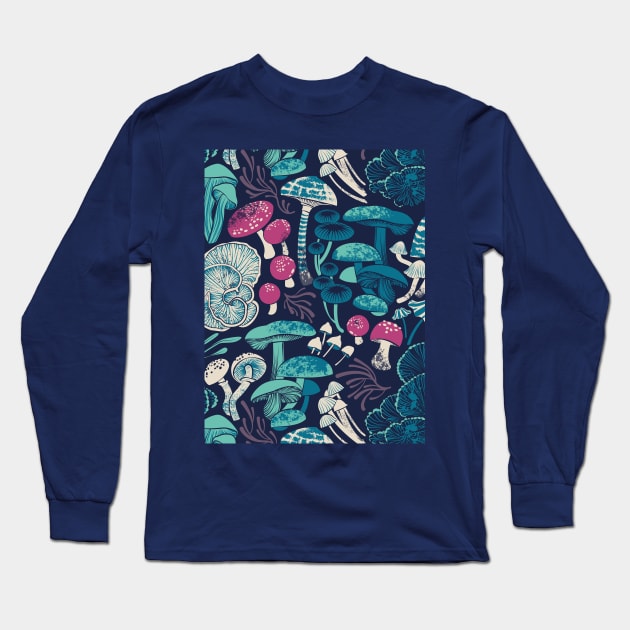 Mystical fungi // midnight blue background mint teal and dark pink wild mushrooms Long Sleeve T-Shirt by SelmaCardoso